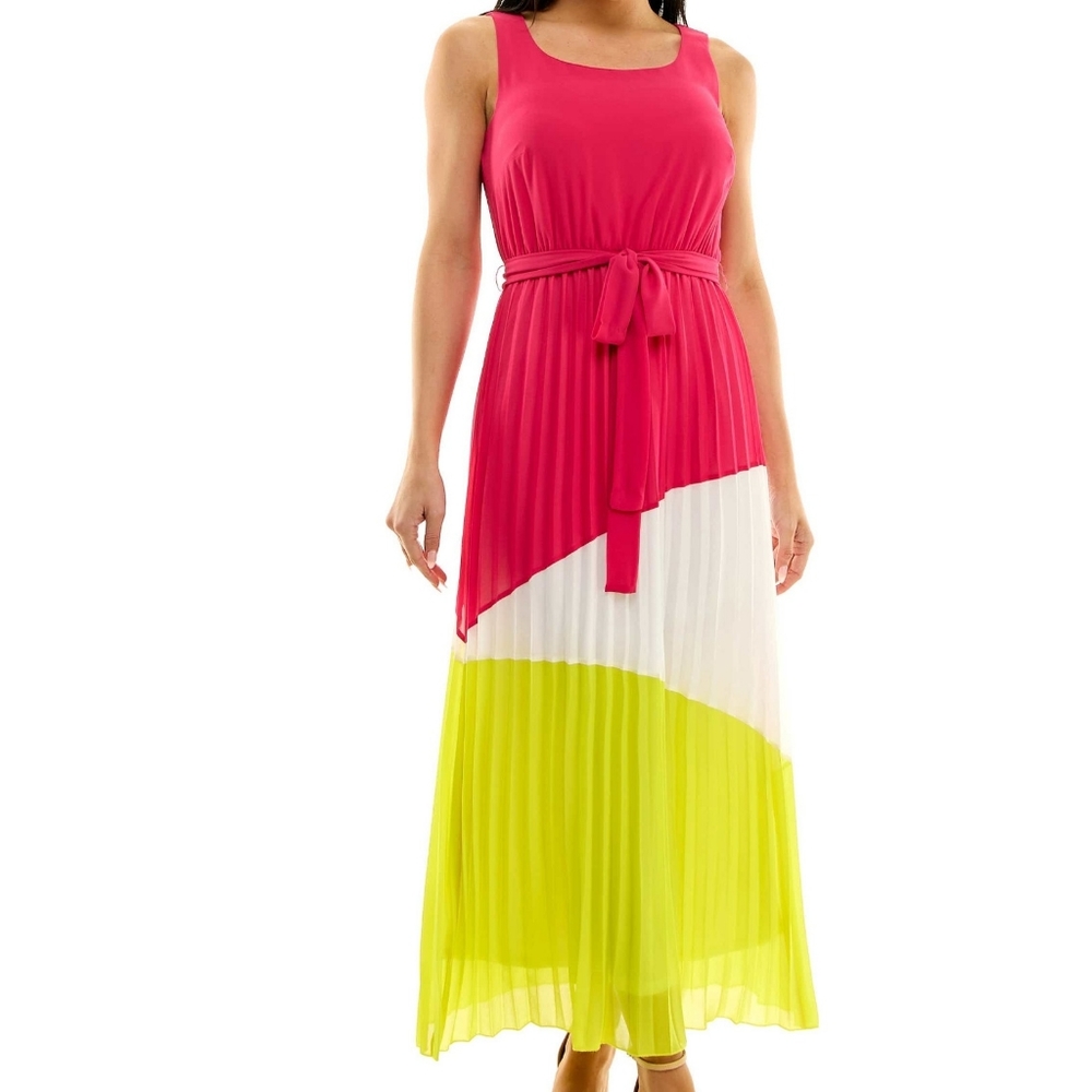 Nina Leonard Colorblock Pleated Chiffon Maxi Dress